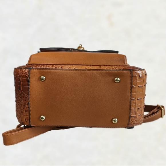 Faux Alligator Leather Dome Zip Top Backpack 5 Pockets Top Handle Amber Brown - Picture 4 of 16